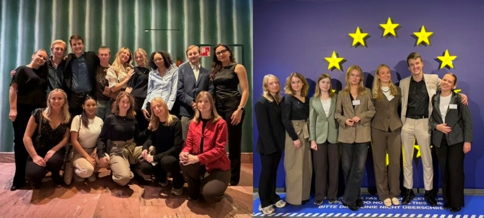 Foto på samtliga studentambassadörer stående framför en stor bildskärm tittandes in i kameran.