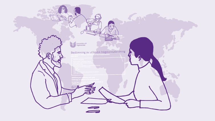 En handfull personer över hela världen förbereder samtidigt ansökan till UHR om utlåtande över utländsk utbildning. Illustration: Gabriel Wentz, UHR.