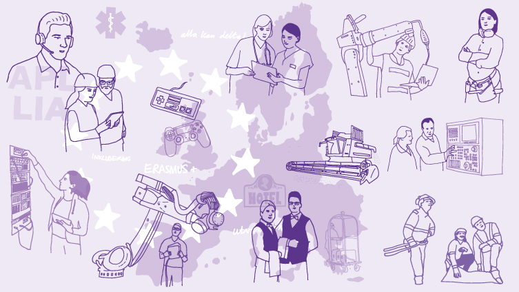 Teckning med drygt ett dussin människor i arbetssituationer med Europakarta i bakgrunden. Illustration: Gabriel Wentz, UHR