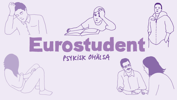 Illustration med fem studenter som inte mår bra, en får råd av en stödperson. Illustration: Gabriel Wentz, UHR