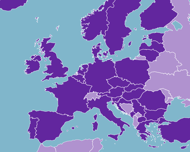 Europakarta med länder som ingår i nätverket